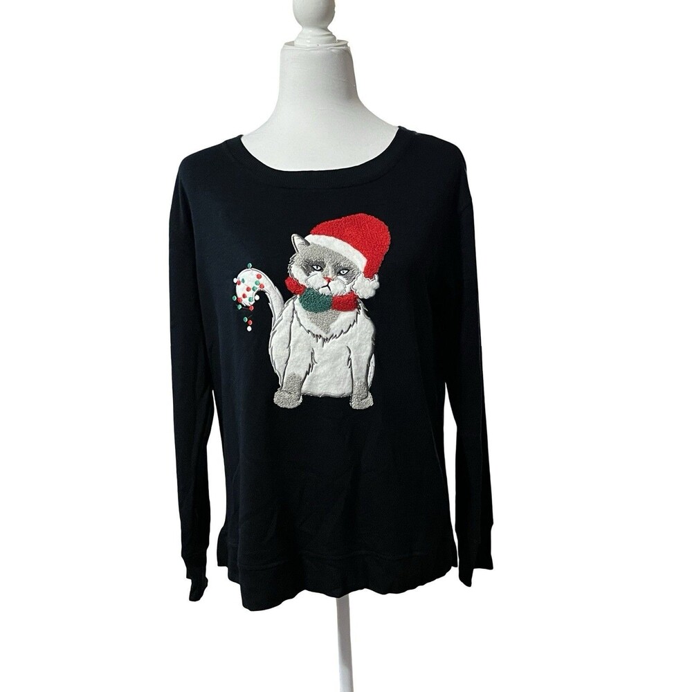 🎄Jane & Delancey Women's Naughty Christmas Cat Sweater in Black Size S 🎄